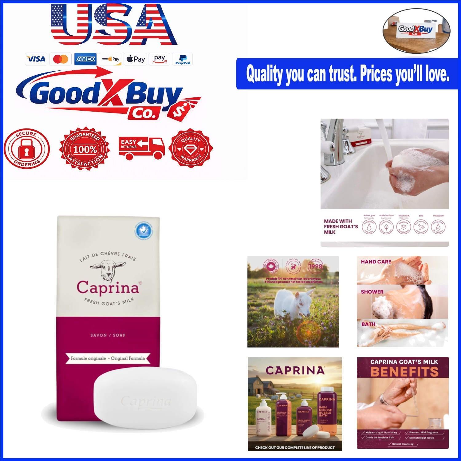 Caprina Fresh Goat Milk Bar Soap 6-Pack Classic Scent Hydrating All Skin Type…