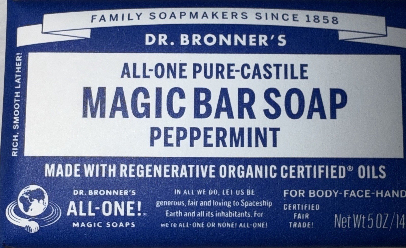New Dr. Bronners All One Peppermint Pure Castile Bars Soap W/Organic Oils 5oz