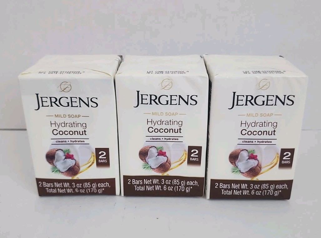 Jergens Hydrating Coconut Mild Bar Soap- 3-Pack – 6 Total Bars