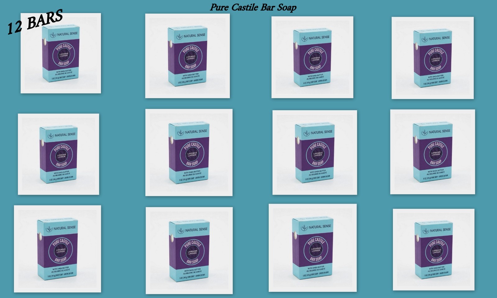12 NATURAL SENSE LAVENDER Pure CASTILE Bar Soap with Shea Butter