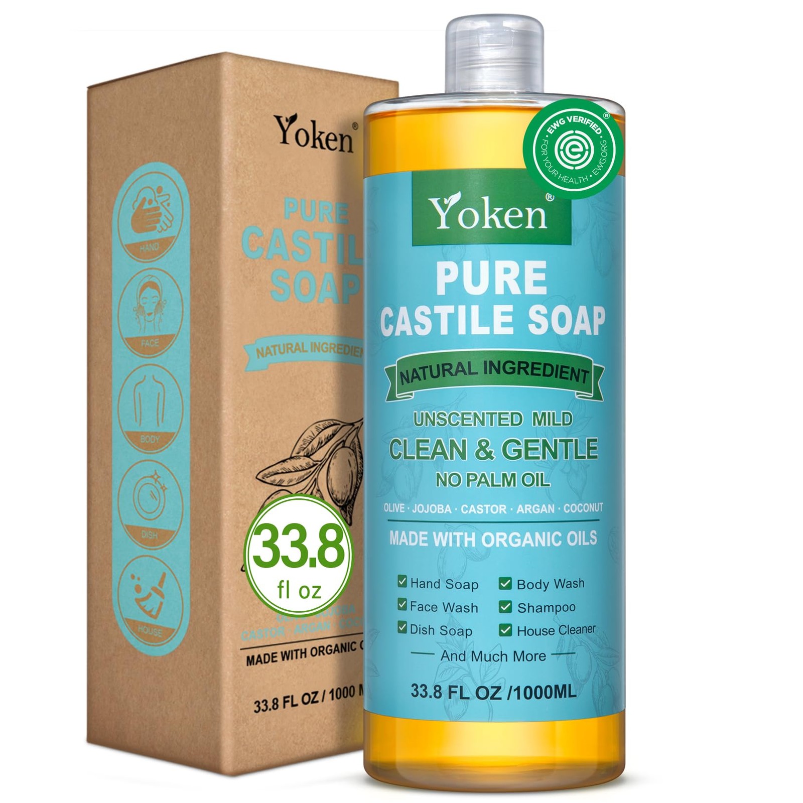 Castile Soap Liquid EWG Verified Unscented Pure Castile 33.8 fl oz Organic Oil