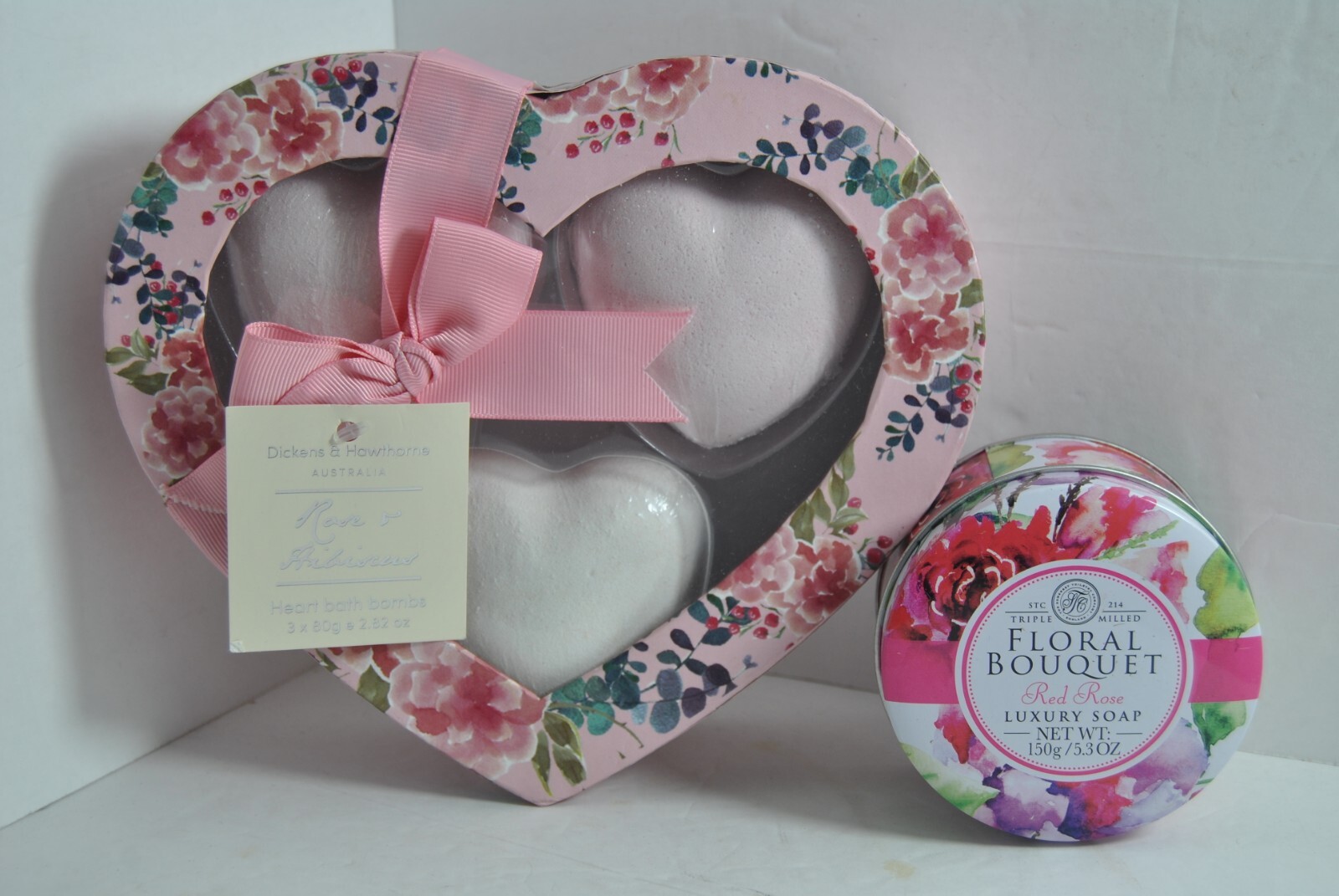Lot of 2 Red Rose Luxury Soap 5.3oz & Dickens & Hawthorne Heart Shape Bath Bombs