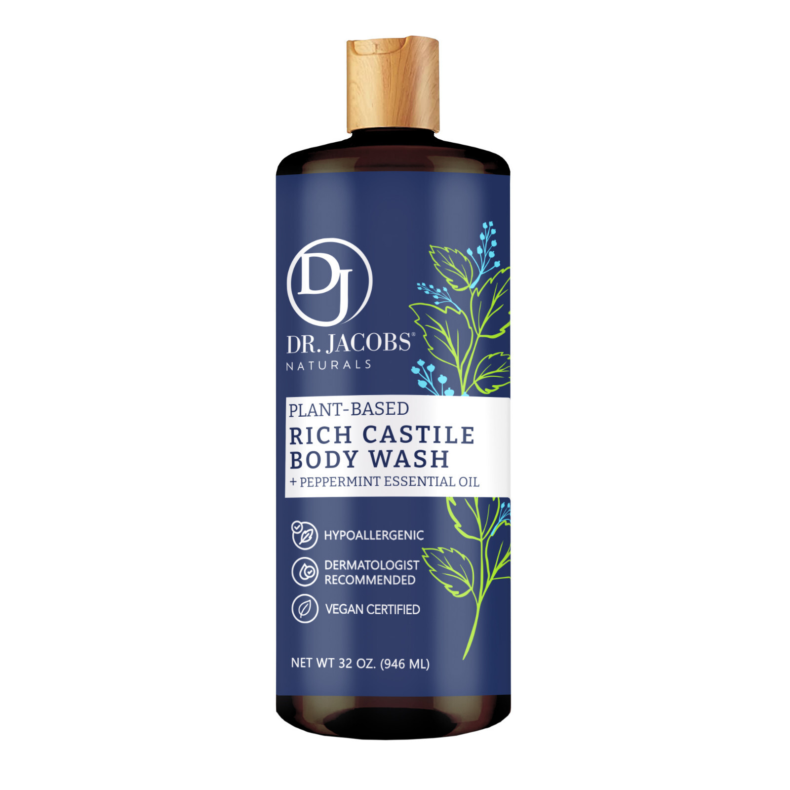 Dr Jacobs Naturals 32oz Peppermint Castile Body Wash Soap Plant-Based