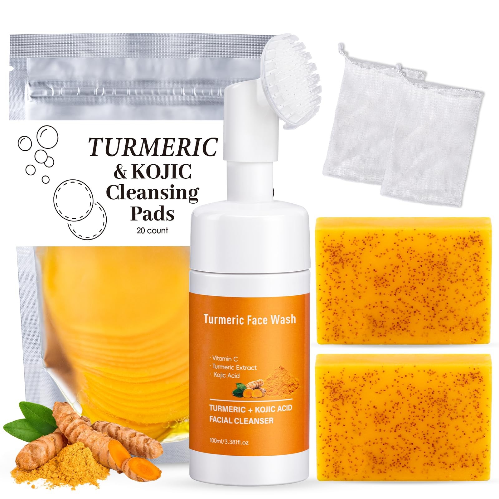 Treeroot 4Pcs Turmeric Face Wash Set: 2Pcs 70g Turmeric Kojic Acid Soap & Tur…