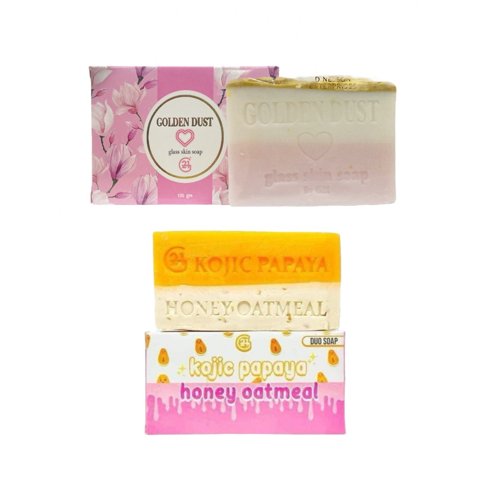 G21 Golden Dust Glass Skin Soap & Duo Kojic Papaya Honey Oatmeal Soap Combo