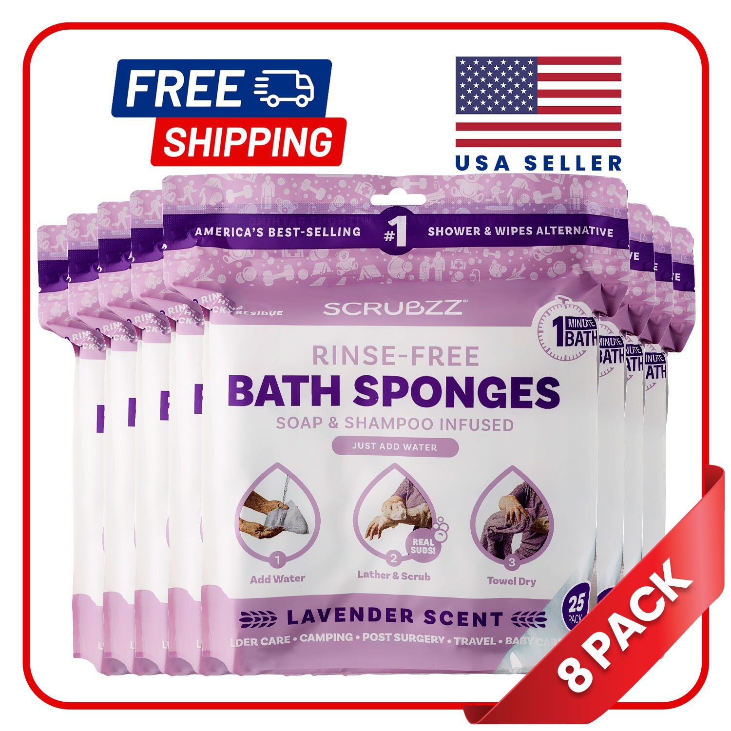 Scrubzz Disposable Rinse Free Bathing Sponges – Lavender, 200 Count