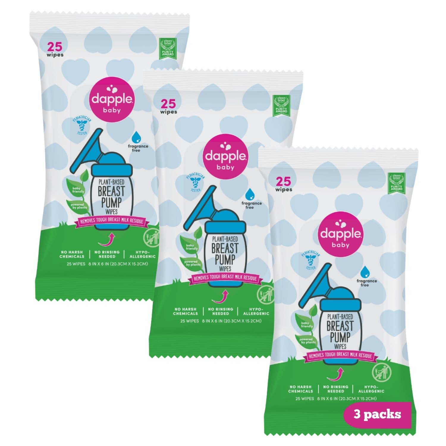 Dapple Baby Breast Pump Wipes, Powered by Plants, 25 Count (Pack of 3)