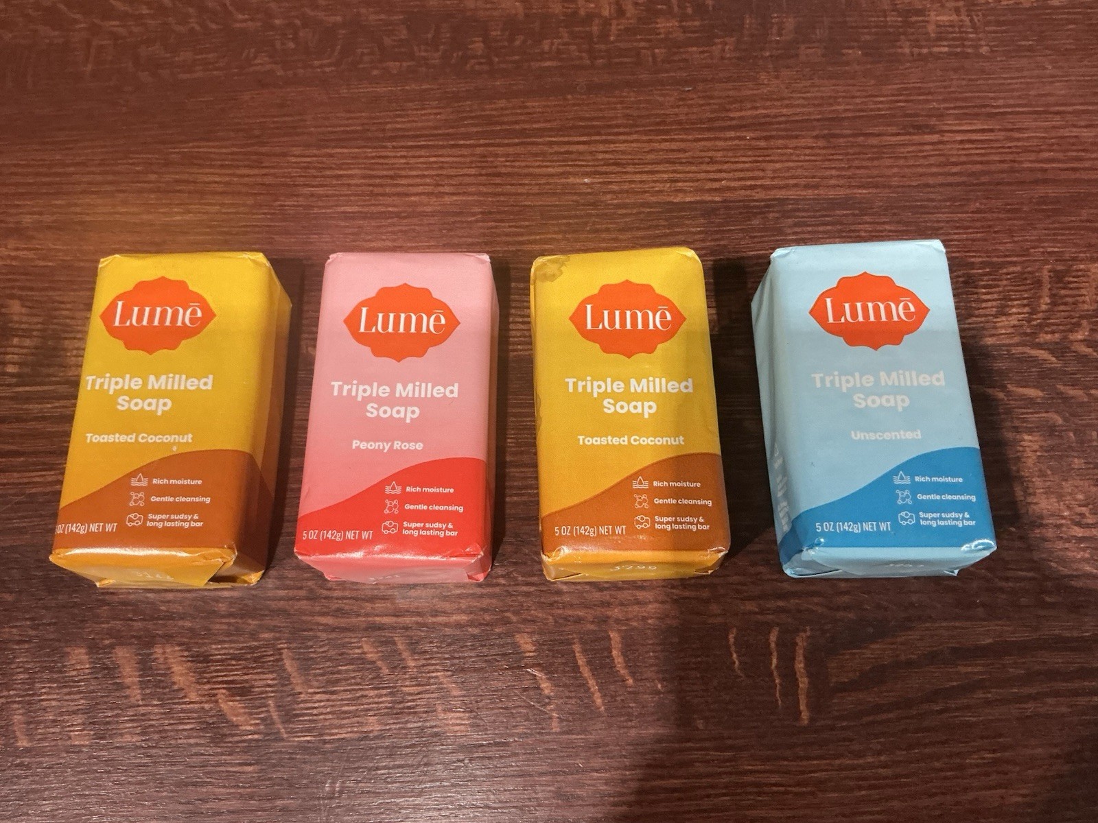 Lot of 4 Lume Triple Milled Soap Bars 5 oz Toasted Coconut Peony Rose Unscented