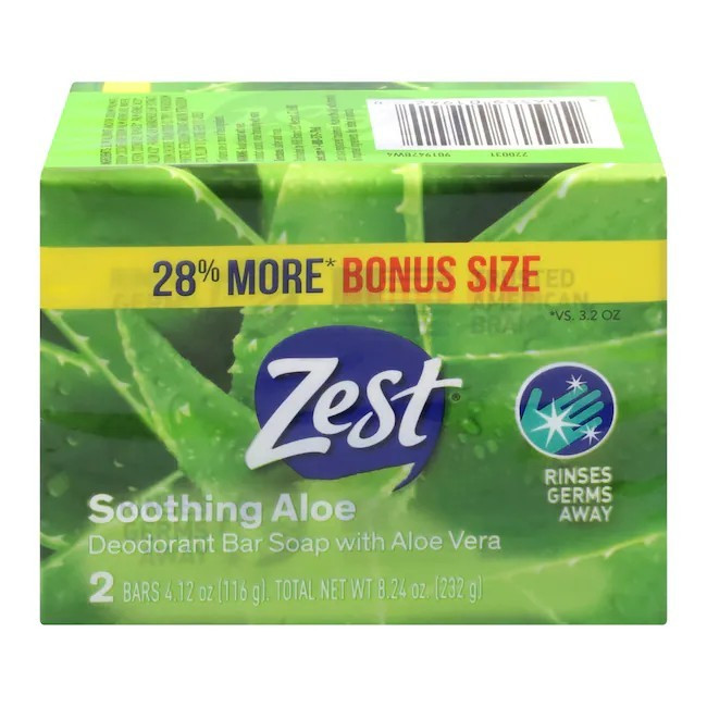 Zest Soothing Aloe Deodorant Bar Soap Aloe Scent Bonus Size 2-Pack 4.12 oz