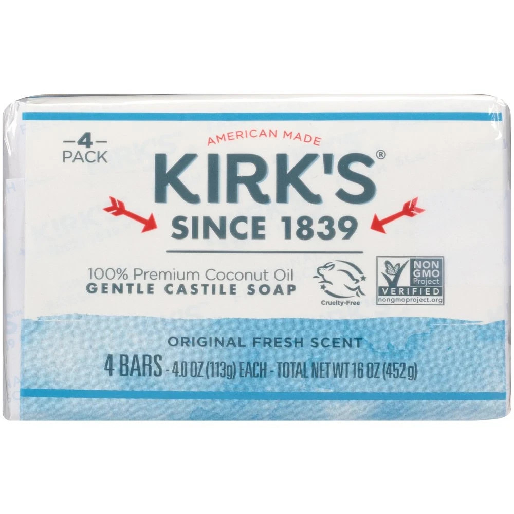 Kirk’s Castile Bar Soap – Made With Premium Coconut Oil, 4 oz. Bars, 4 Pack