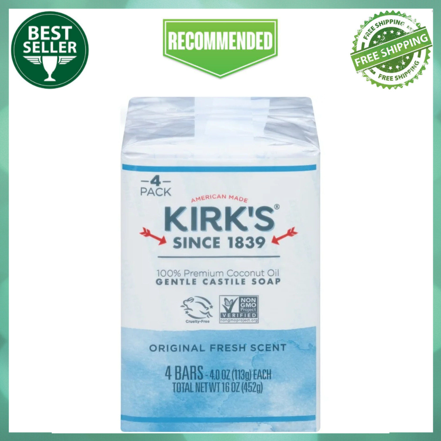 (16 Pack) Kirk’s Original Fresh Scent Gentle Castile Soap Simple, Gentle, Clean