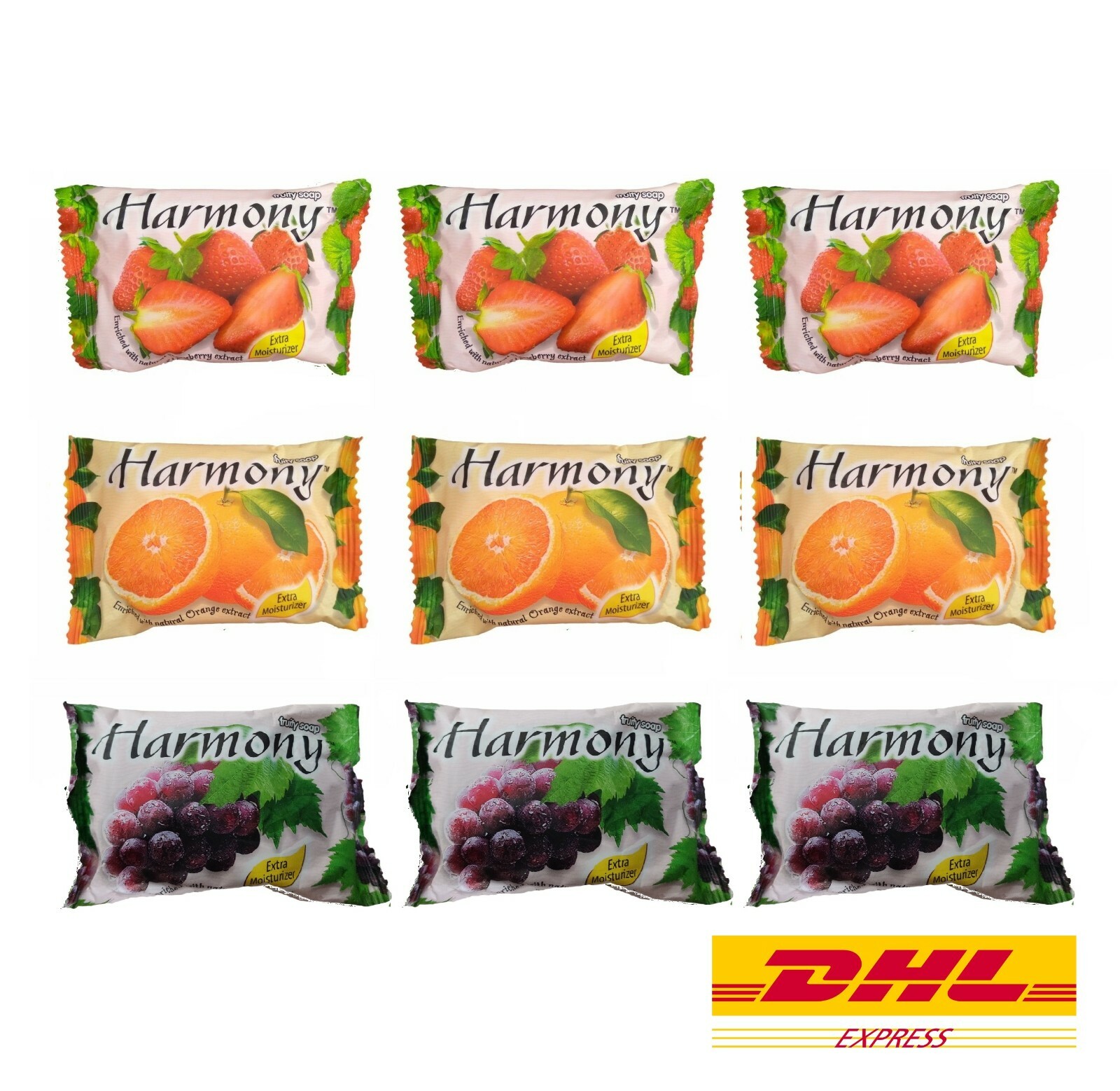 9 Bars Fruity Soap Harmony Orange Grape Strawberry Extra Moisturizing Bar 75g