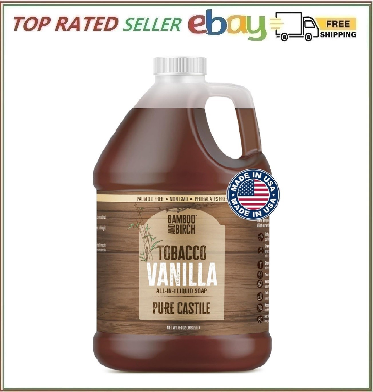 Bamboo & Birch Organic Castile Soap Tobacco Vanilla 64 oz Palm Oil Free