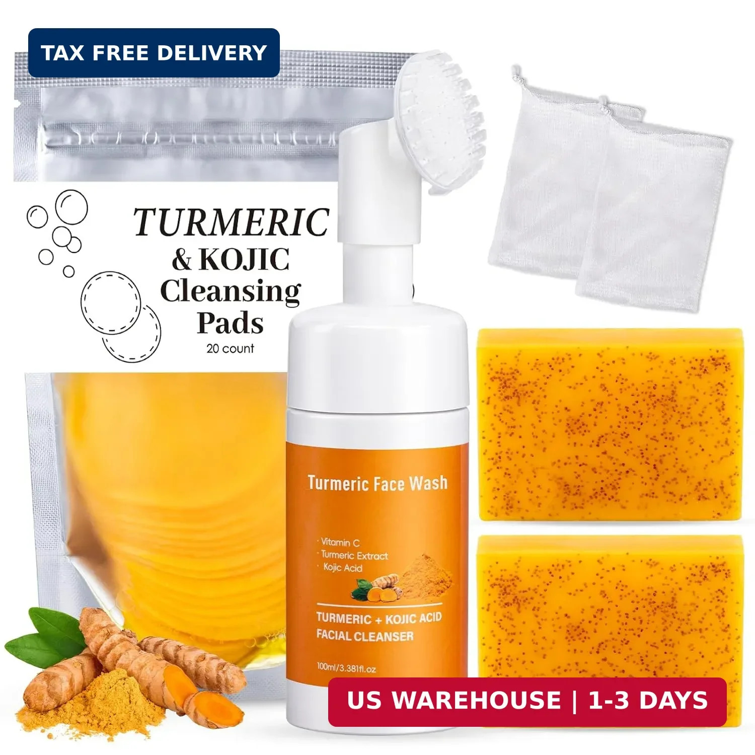 Treeroot 4Pcs Turmeric Face Wash Set: 2Pcs 70g Turmeric Kojic Acid Soap & Turmer