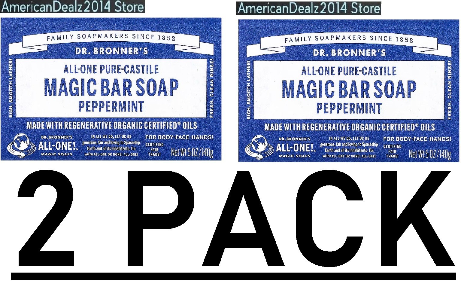 2 PACK – Dr Bronner’s All-One Hemp Peppermint Pure Castile Bar Soap 5 oz