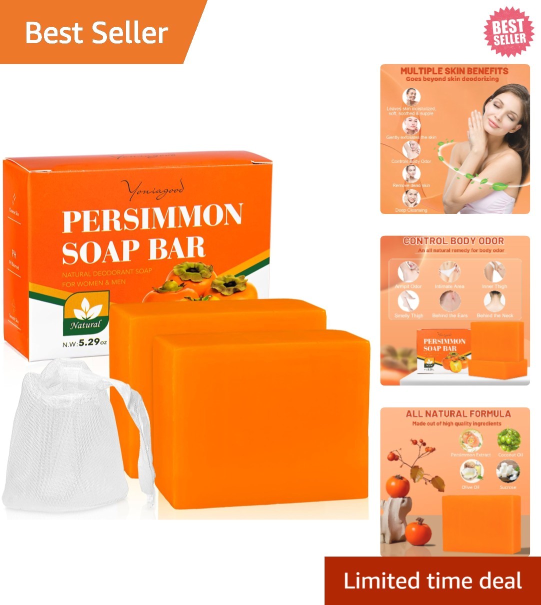 2 PCS Handmade Persimmon Soap Bars for Natural Odor Control & Deep Cleansing