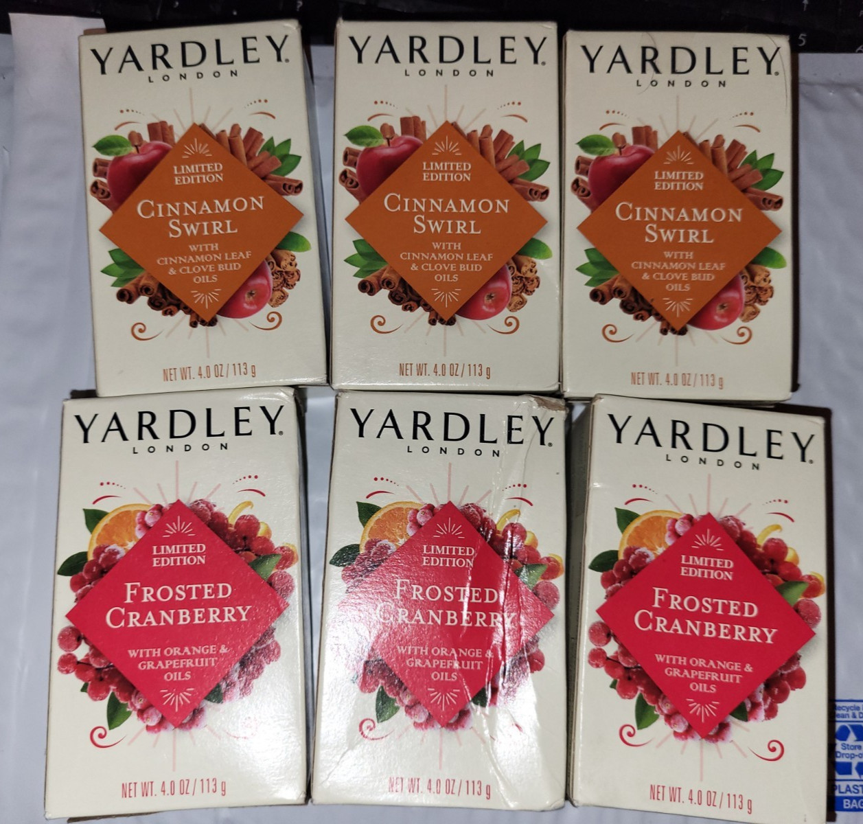 Lot Of 6 Yardley London Cinnamon Swirl & Frosted Cranberry Soap Bars 4oz
