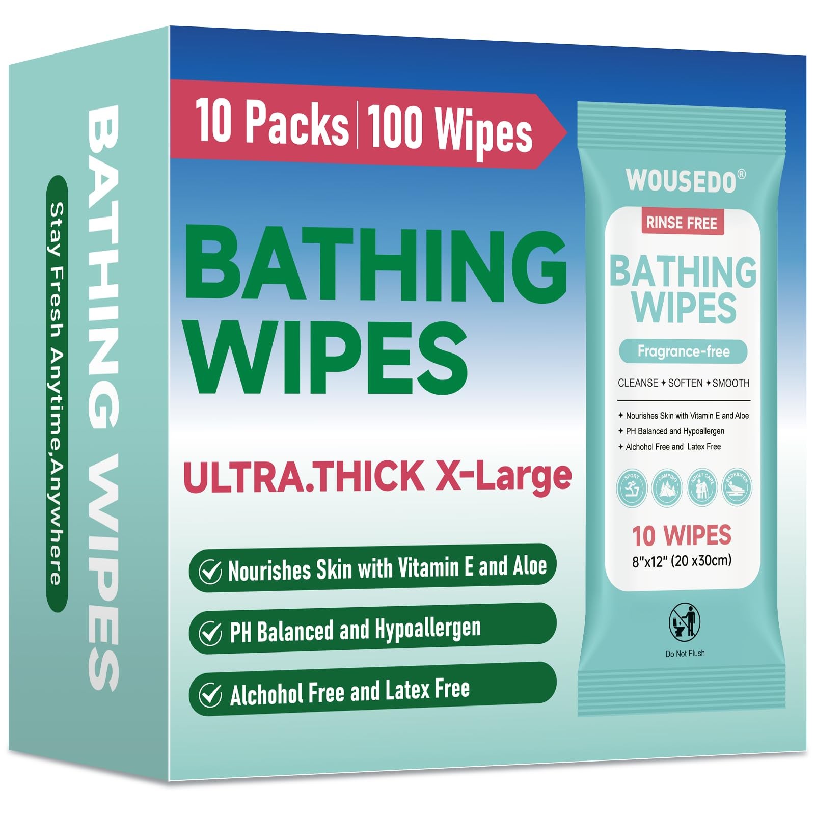 Adult Bath Wipes Extra Thick 8×12 Hypoallergenic Unscented Body Cleansing 100 Co