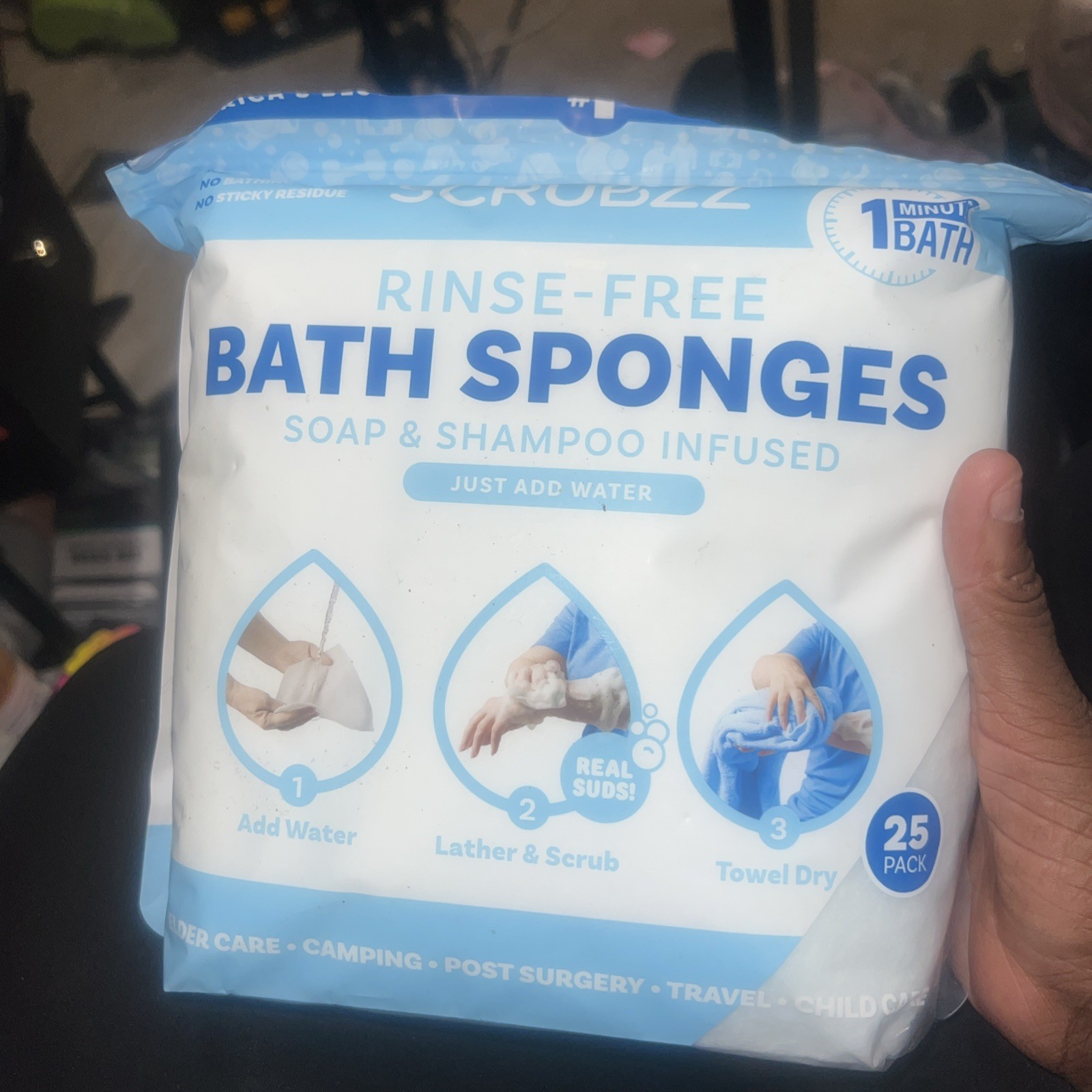 Scrubzz Disposable Rinse Free Bath Sponges Sensitive Skin Soap and Shampoo 25 Ct