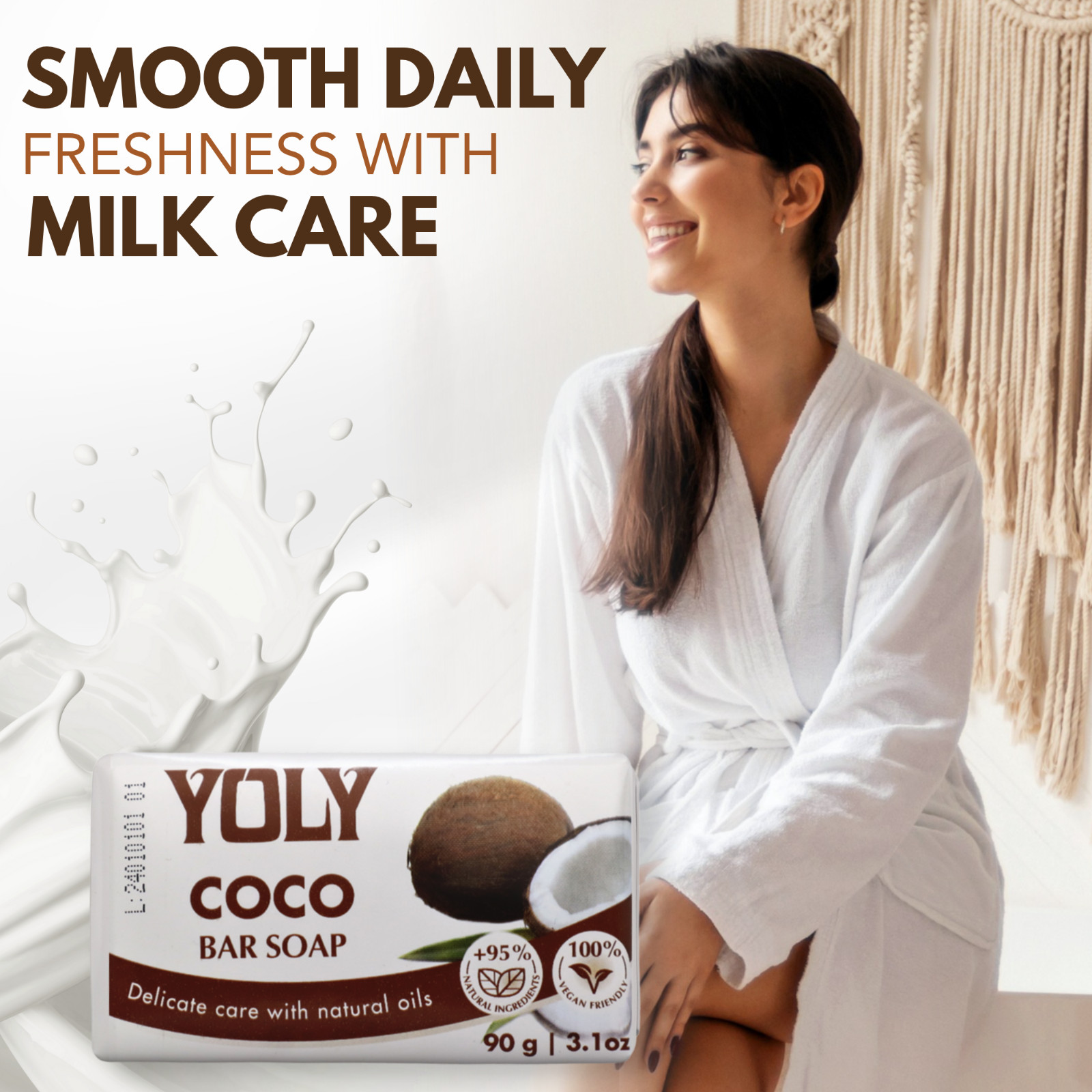 Yoly Coconut Bar Soap – Vegan, Paraben-Free, 95% Natural (Multipack options)