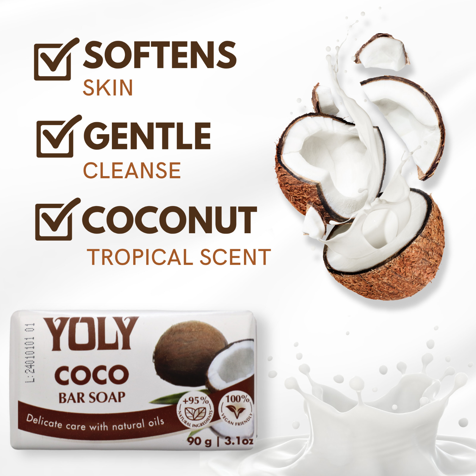 Yoly Coconut Bar Soap – Vegan, Paraben-Free, 95% Natural (Multipack options)