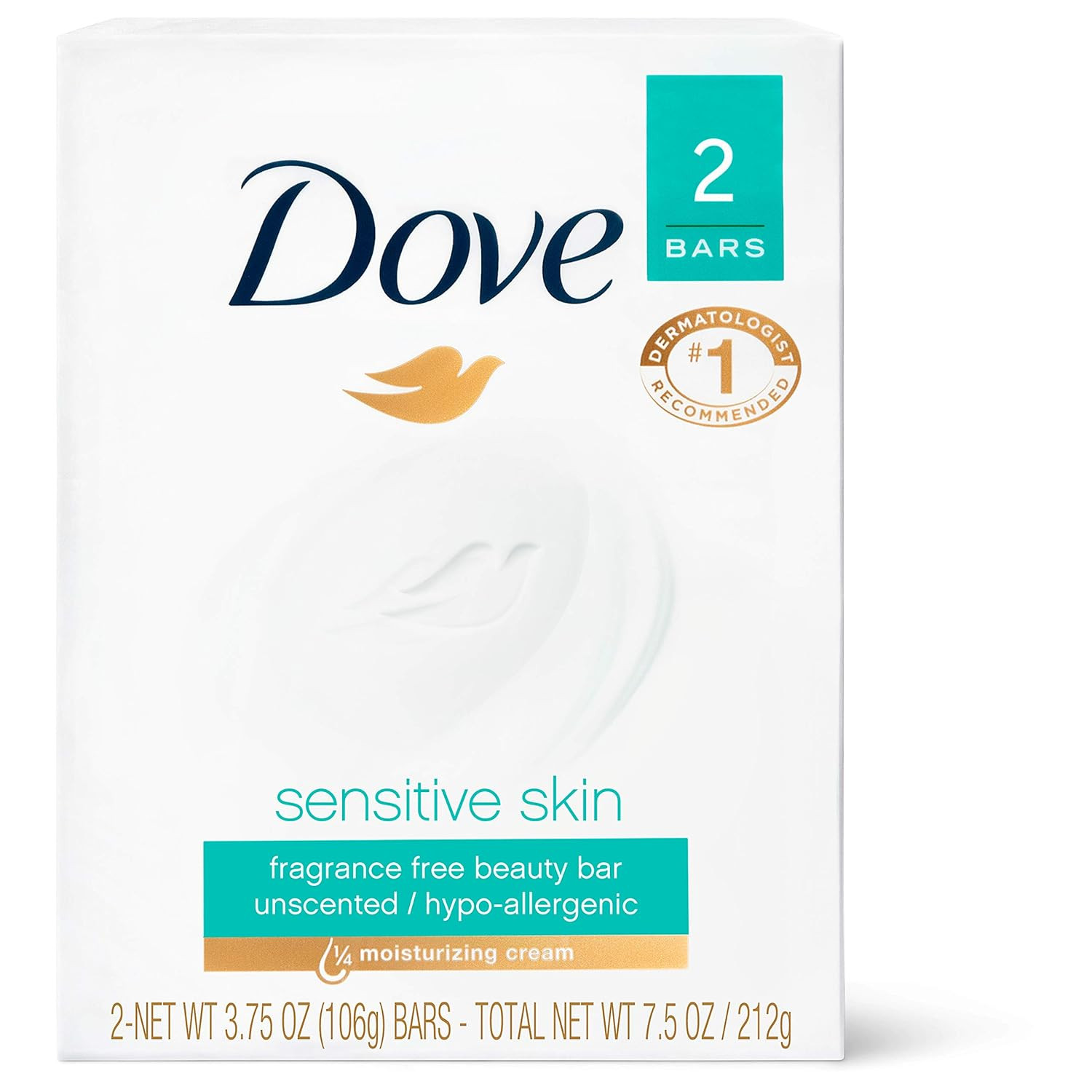 Dove Sensitive Skin Beauty Bar, Fragrance-Free, 8 Bars, 3.75 Oz Each