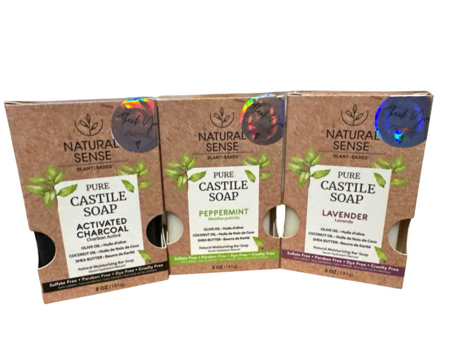 x3 Natural Sense Plant Based Pure Castille Soap Peppermint Charcoal and Lavender