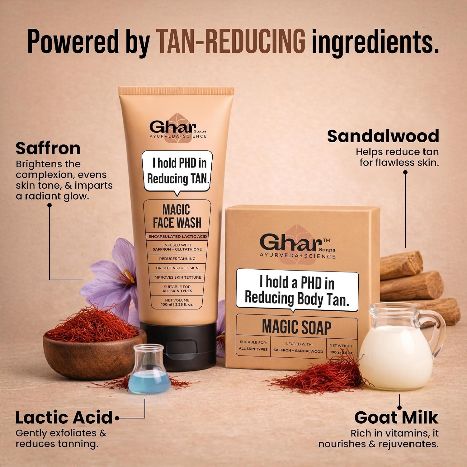 Ghar Soaps De-Tan Face Wash 120ml & Sandalwood Saffron Soap 100g Combo