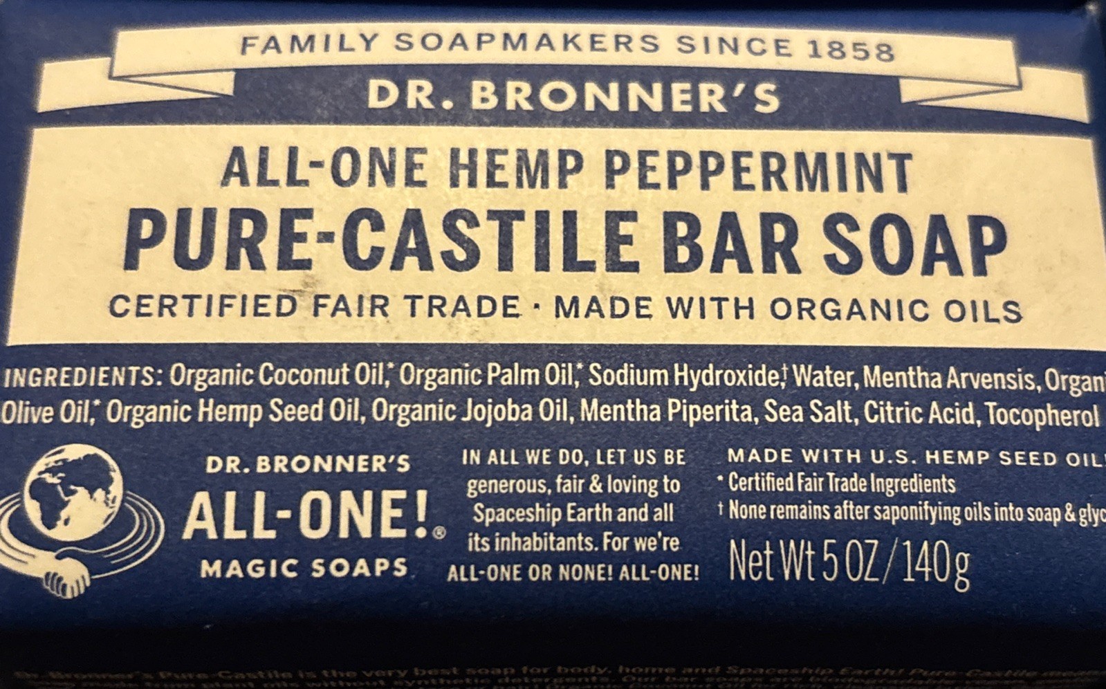 4 – Dr. Bronners – All One Hemp Peppermint – Pure Castile Bar Soap – 5oz Each