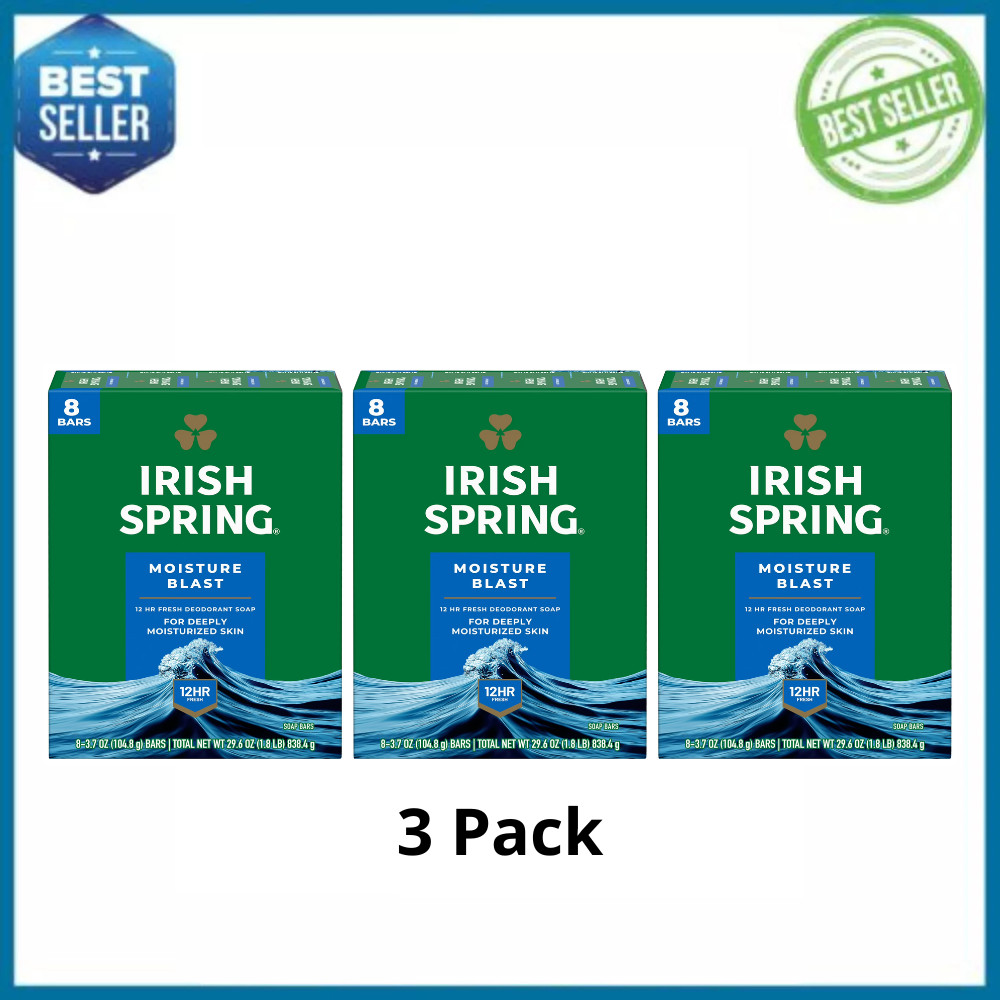 3 Pack Irish Spring Moisture Blast Bar Soap, Men’s Moisturizing, 3.7 Oz, 8 Bars