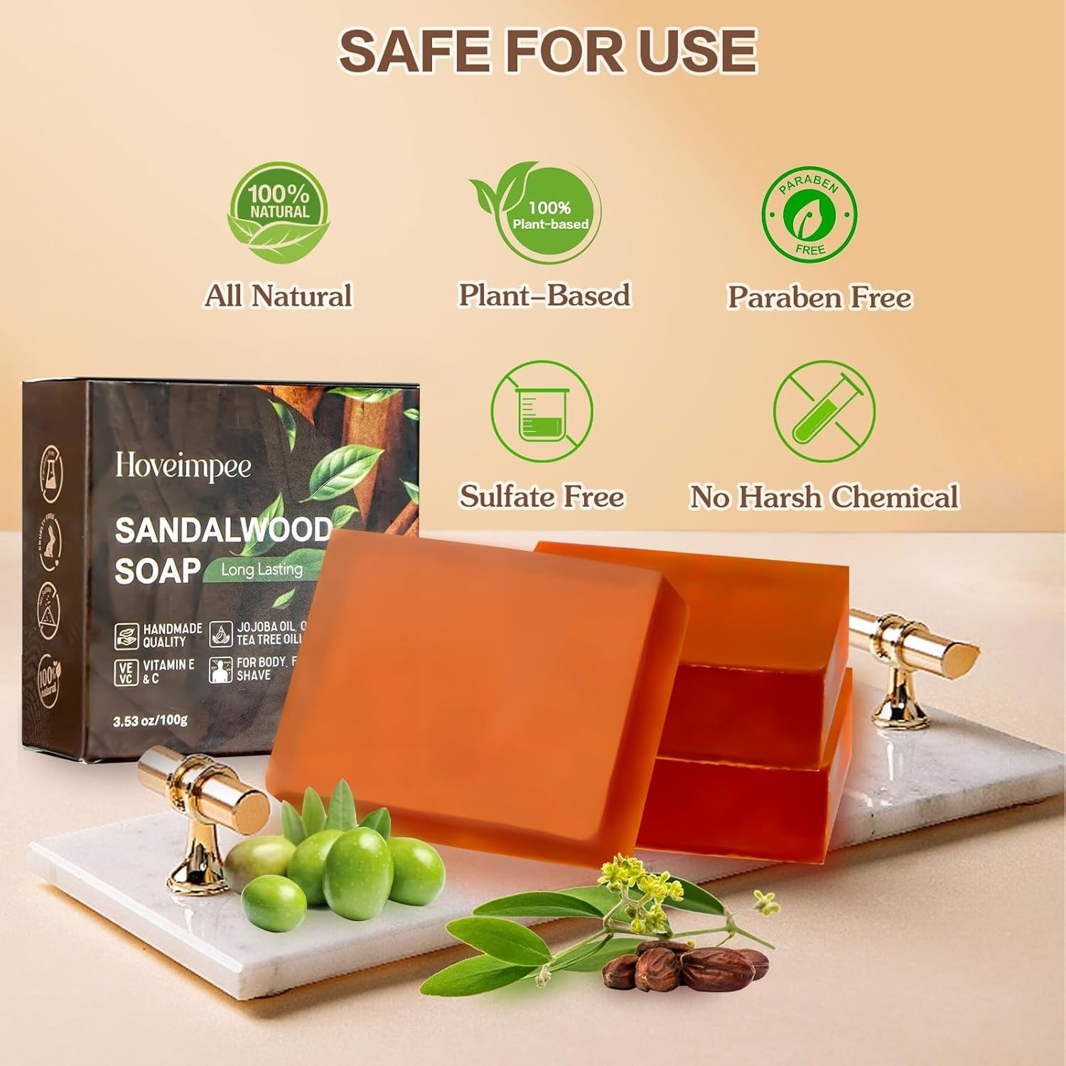 3 Pack Sandalwood Mens Bar Soap, Natural Soap Infused Jojoba 3.53 oz Soap Bar