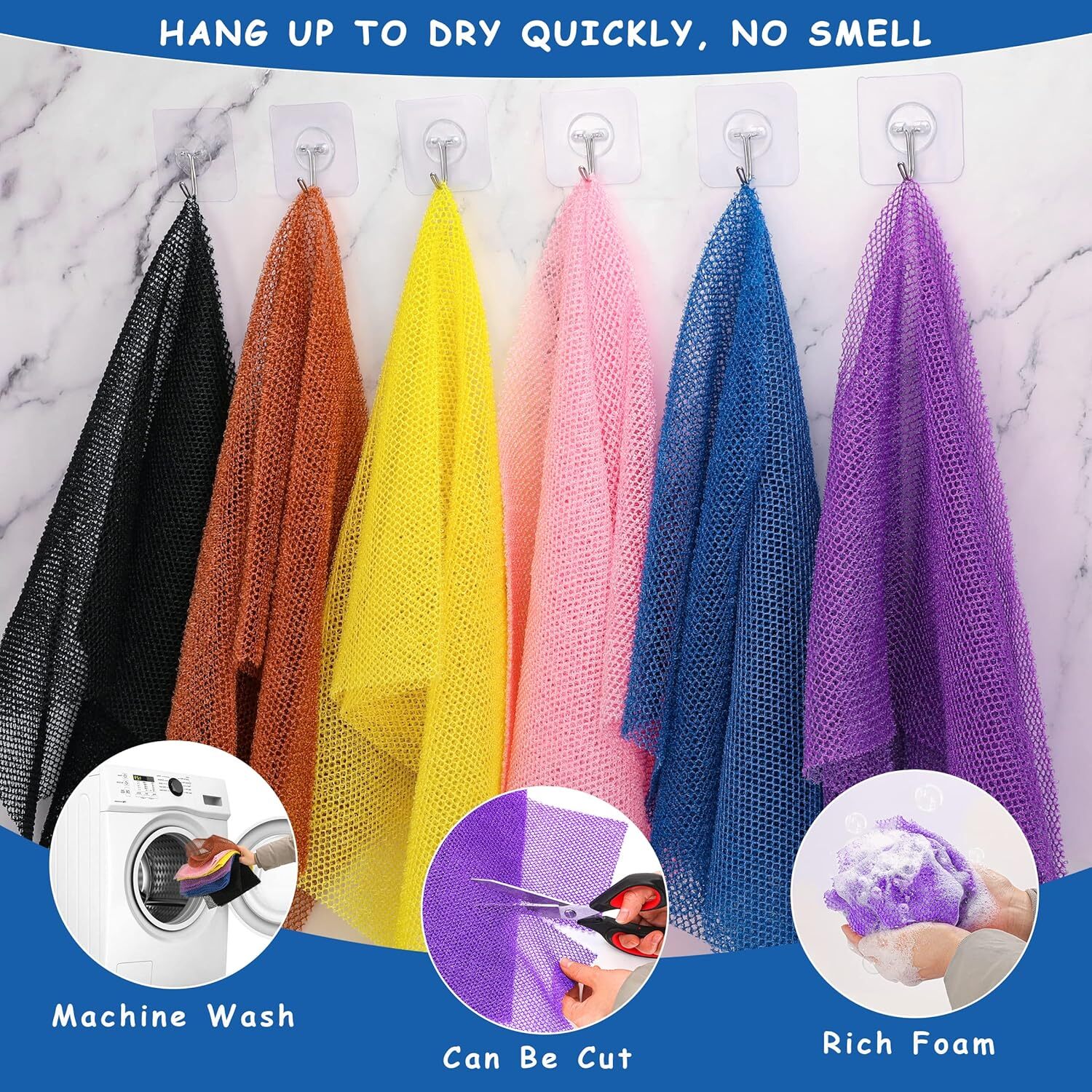 BHYTAKI 6 Pieces African Net Sponge A-6, Black+blue+brown+pink+yellow+purple