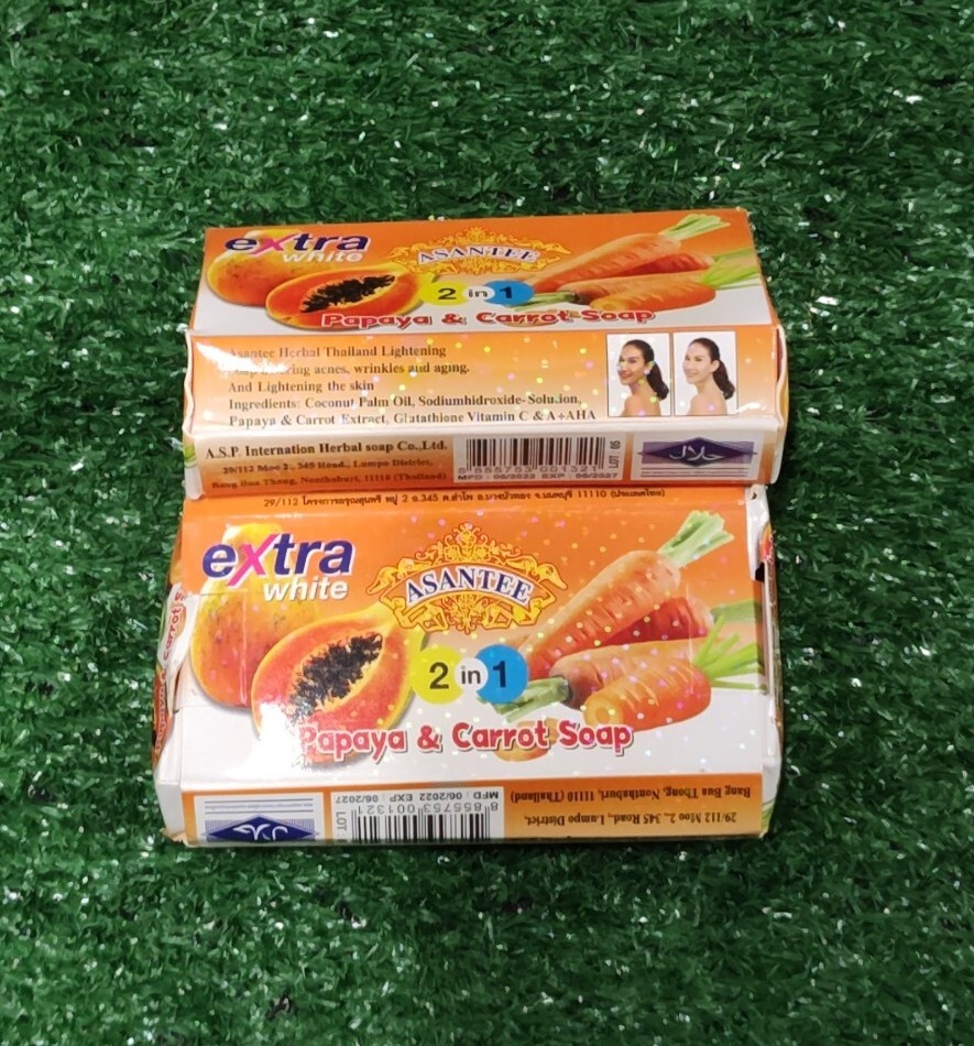 LOT OF 2 Asantee Papaya & Carrot Thailand Herbal Lightening 2 In 1 Soap Extra Wh