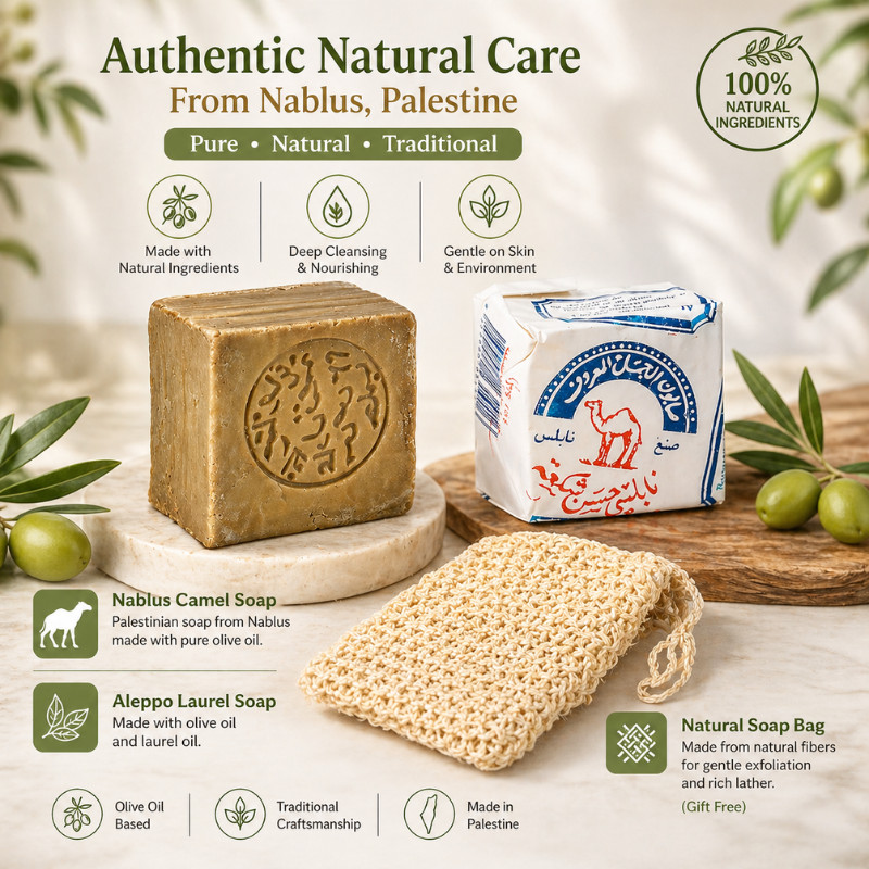 Nablus Camel Soap Laurel Soap Natural Exfoliating Soap Bag Olive Oil Set