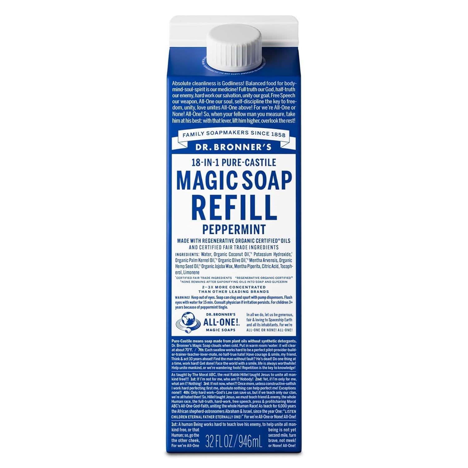 Pure-Castile Liquid Soap Refill – Organic, 18-in-1 Uses, Peppermint, 32oz, Eco-F