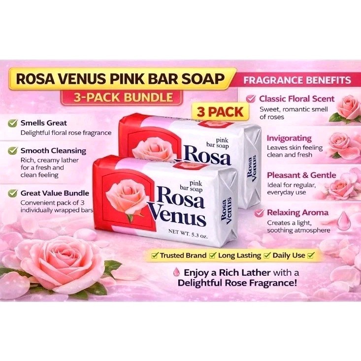 3 X Rosa Venus Pink Bar Soap Bath Bars Fresh Scent 5.3 oz Lot of 3 Free Shipping