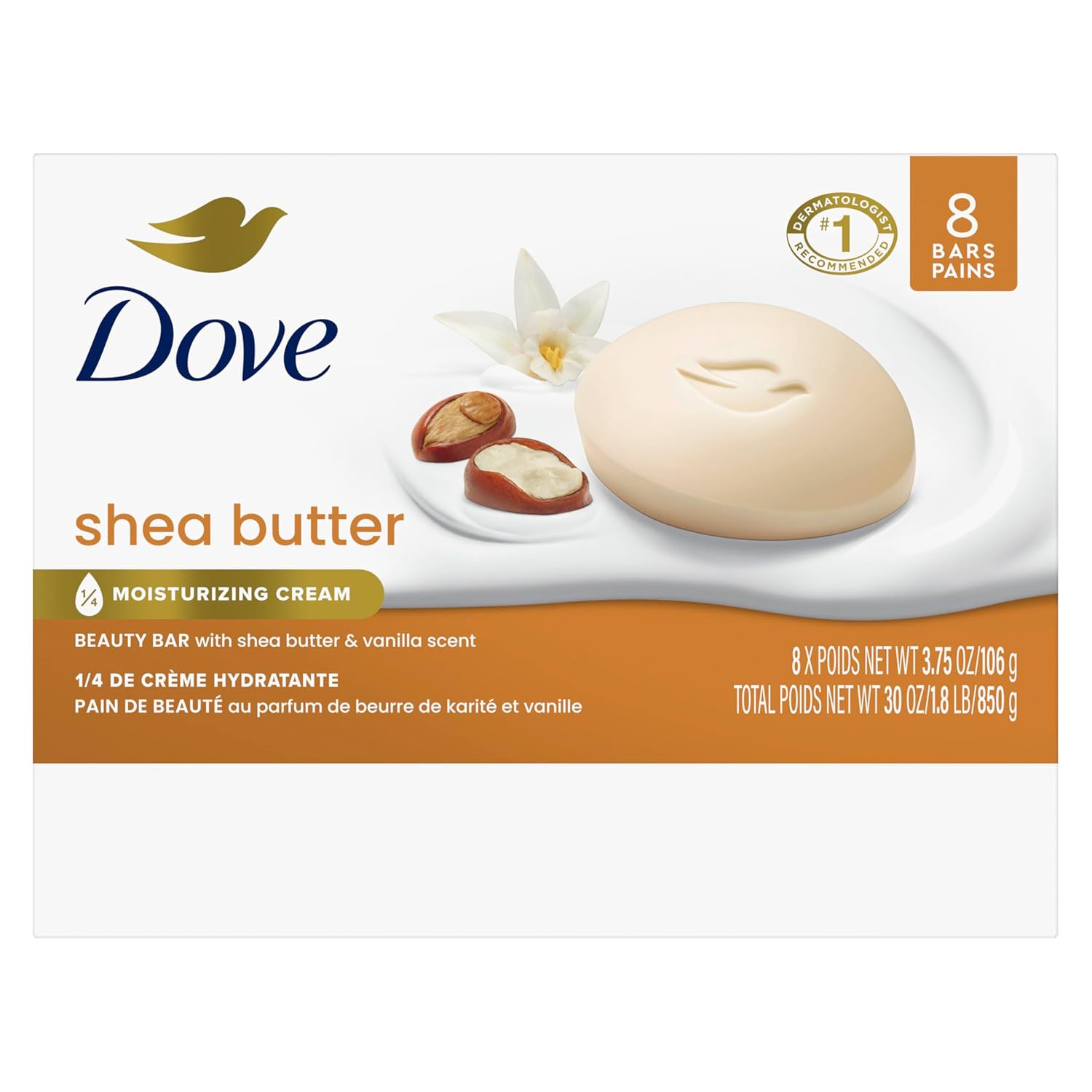 Dove Shea Butter Beauty Bar Soap 8 Count, Nourishing Cleanser, 3.75 Oz I Moistur
