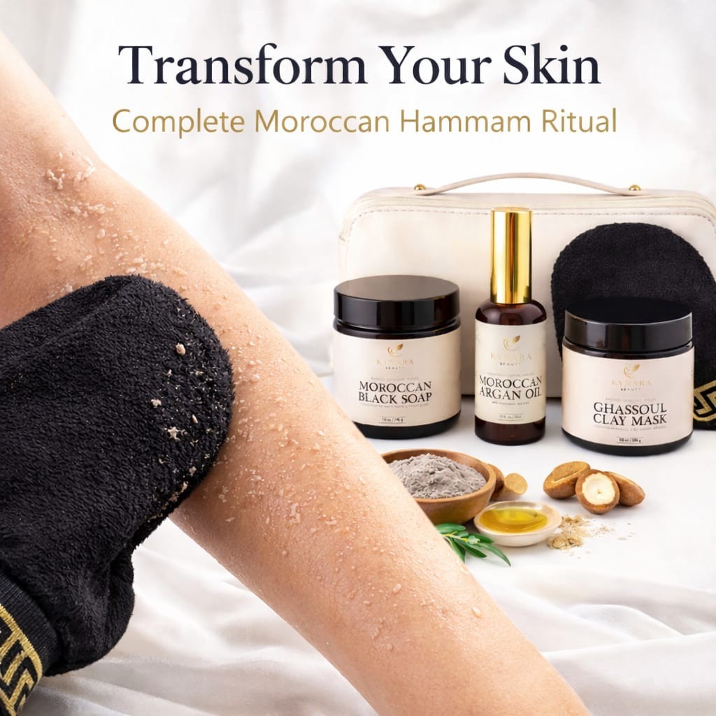 Moroccan Hammam Spa Gift Set Black Soap Argan Oil Rhassoul Clay Kessa Mitt