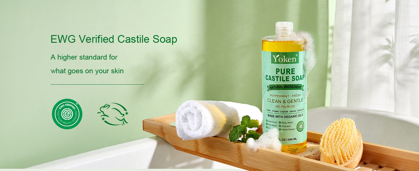 EWG Peppermint Castile Soap 32oz, with Oils Multi-Purpose Cleanser | Gentle