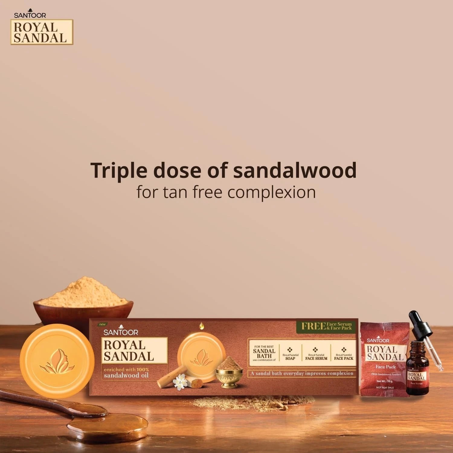 Santoor Royal Sandal Detan Pack 3 Soaps + Free Serum + Free Face Pack