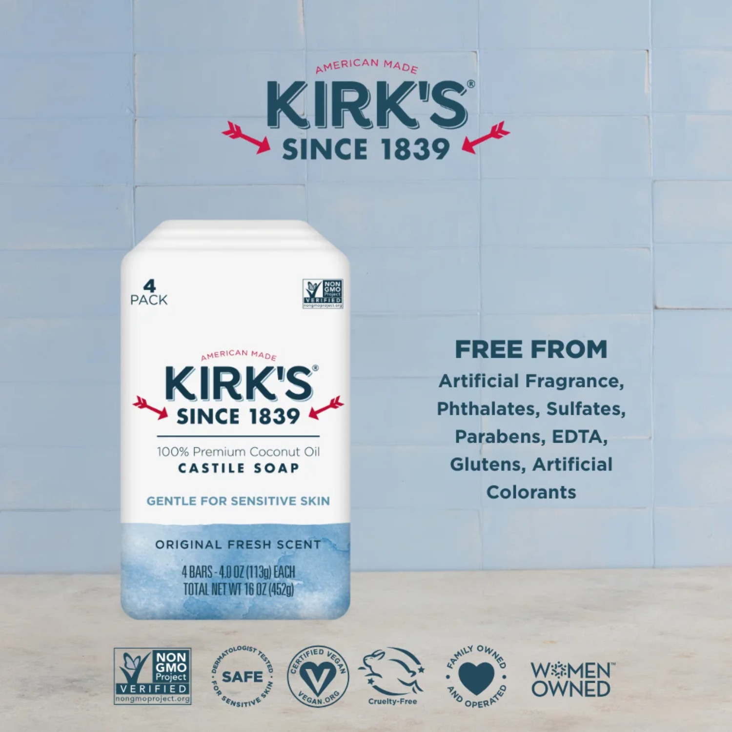 (4 Pack) Kirk’s Original Fresh Scent Gentle Castile Soap Simple, Gentle, Clean
