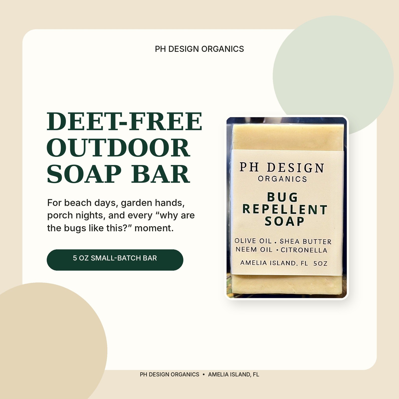 PH Design Bug Repellent Soap Natural Citronella Neem Oil Bar 5oz DEET Free
