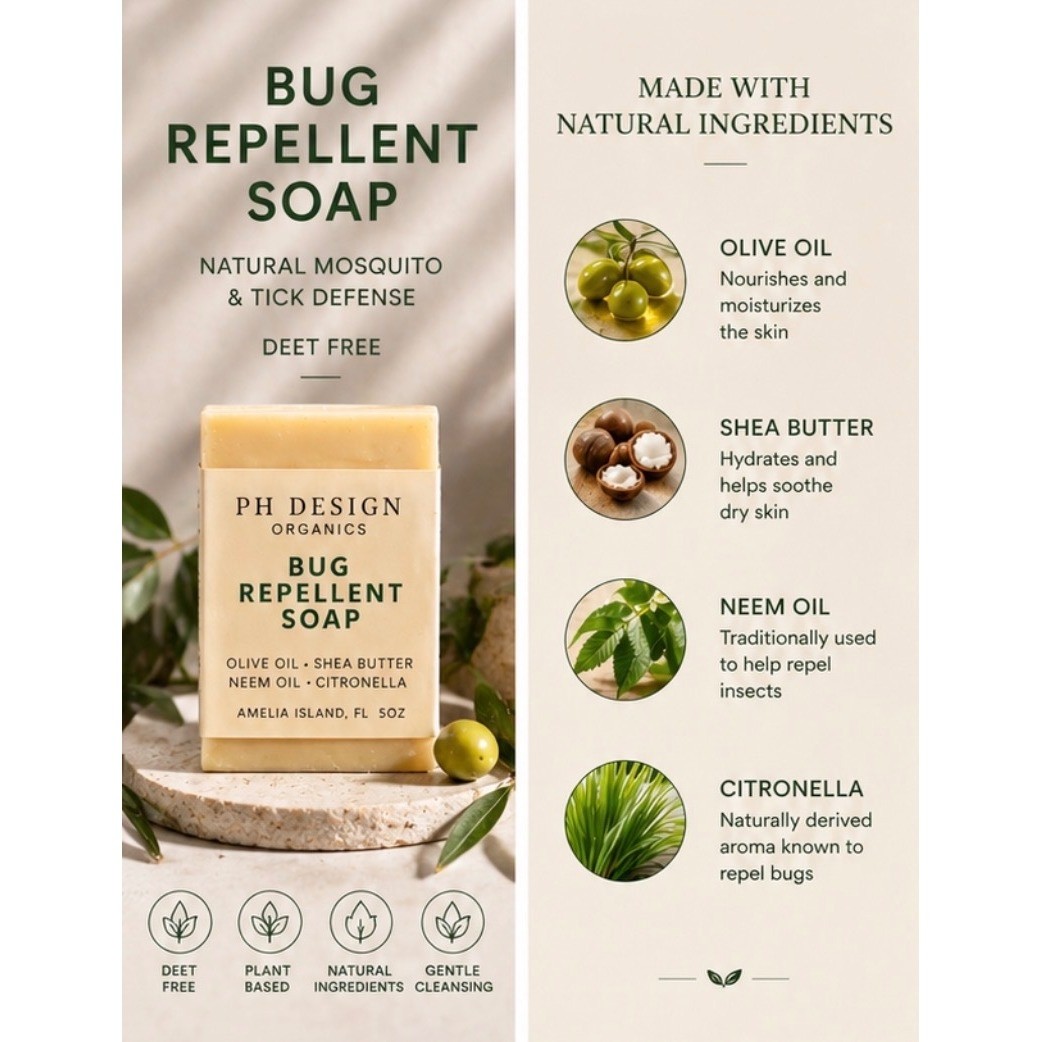 PH Design Bug Repellent Soap Natural Citronella Neem Oil Bar 5oz DEET Free