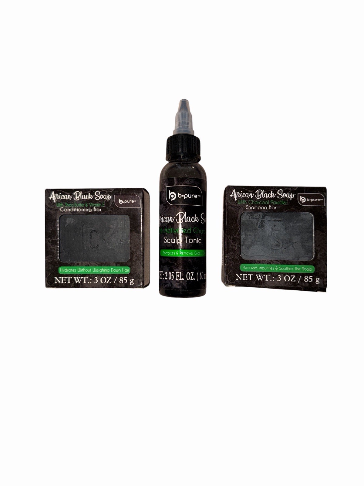 B-Pure African Black Soap Hair Care Set Shampoo Bar Conditioner & Scalp Tonic