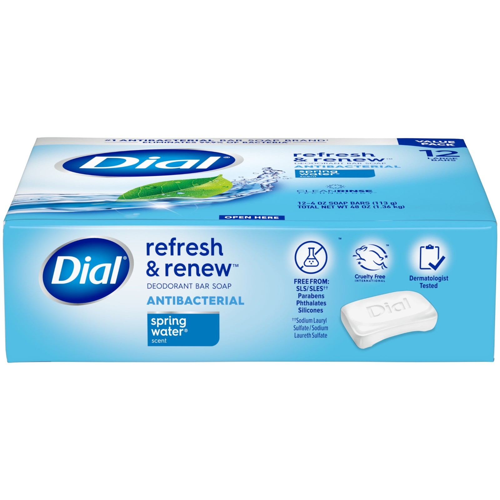 (2 Pack) Dial Antibacterial Bar Soap Spring Water 4 oz, 12Count, Refresh & Renew