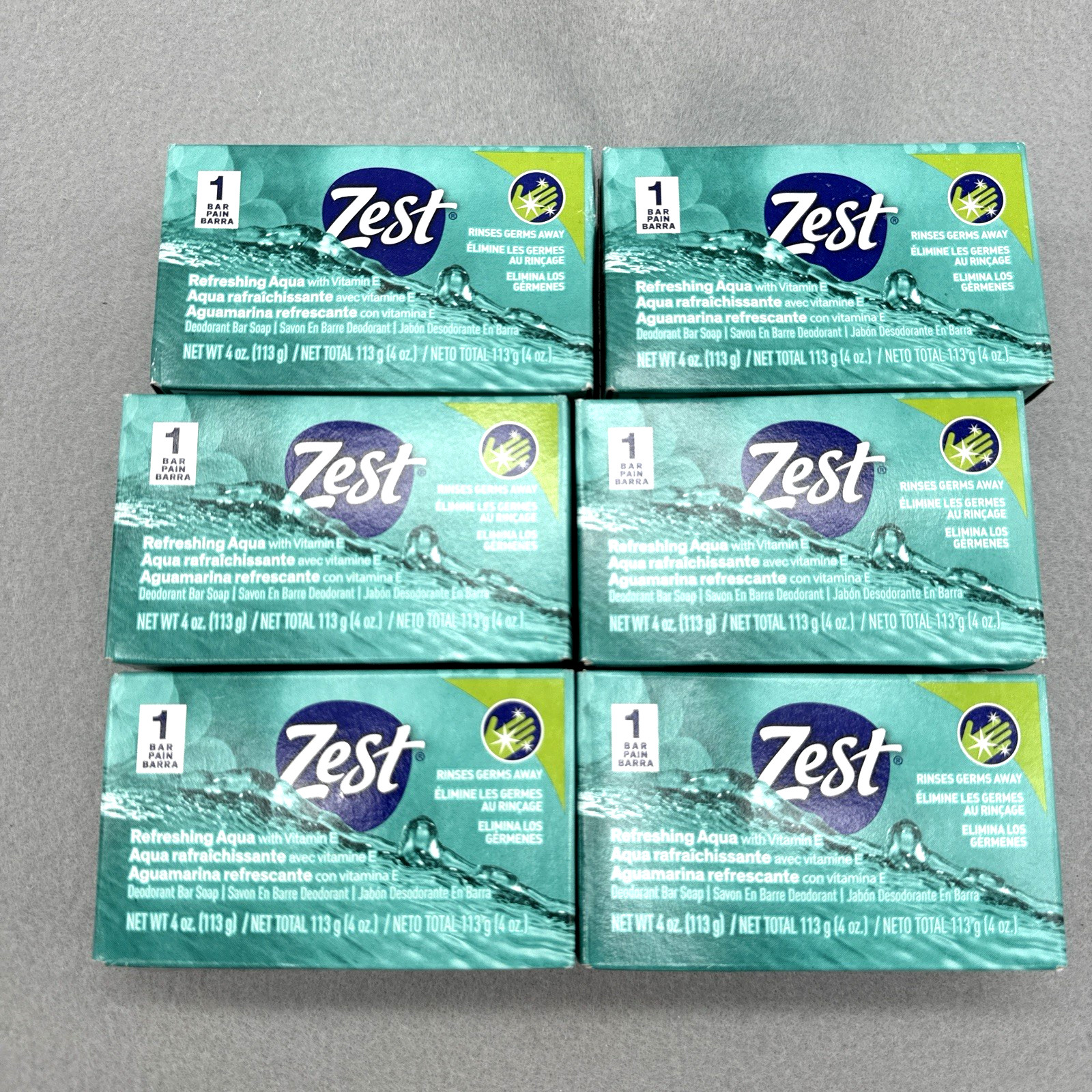 Zest Refreshing Aqua Vitamin E Deodorant Bar Soap 4 oz Bars Lot of 6