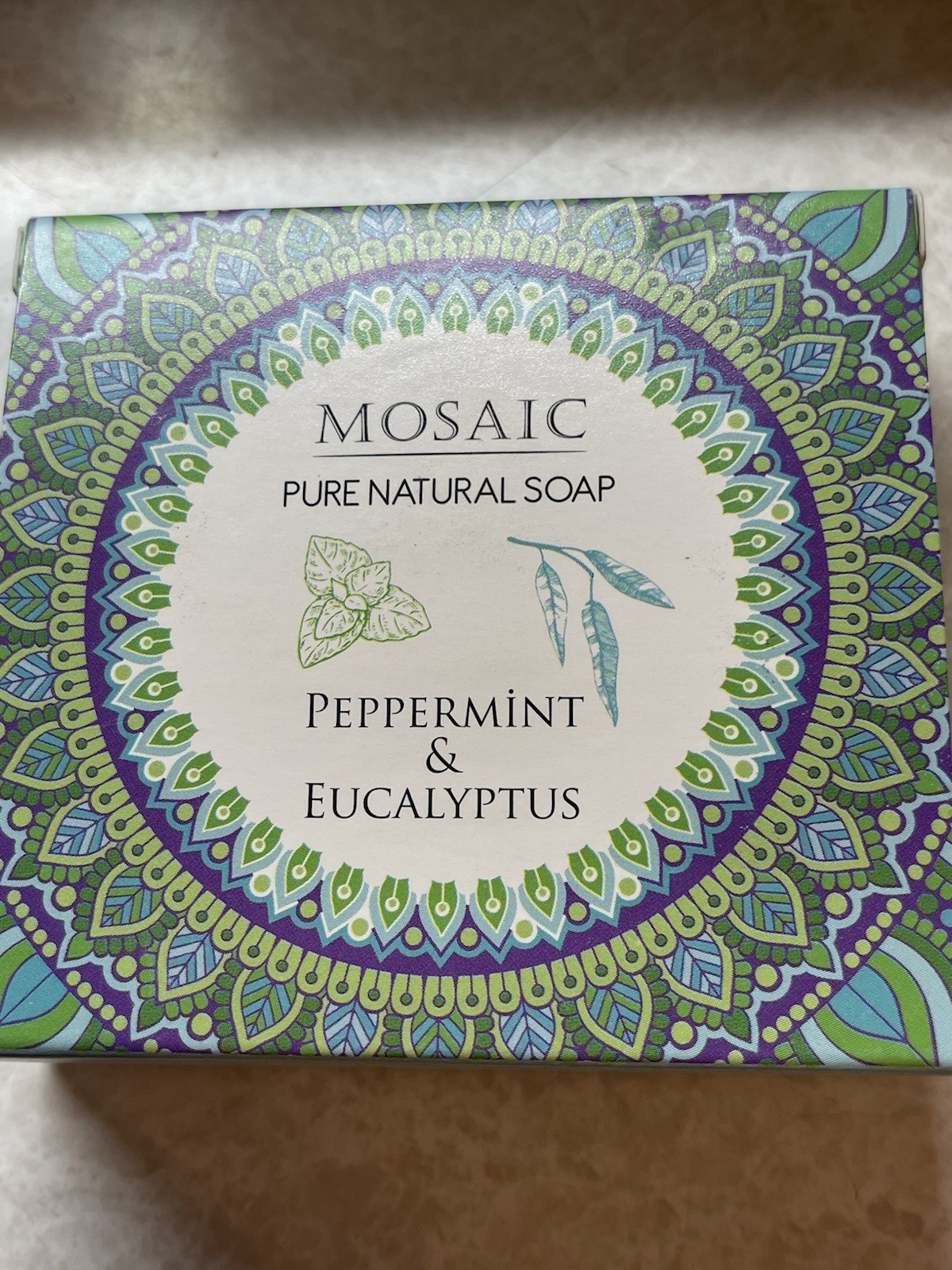“Mosaic” branded natural bar soap peppermint & eucalyptus scent.