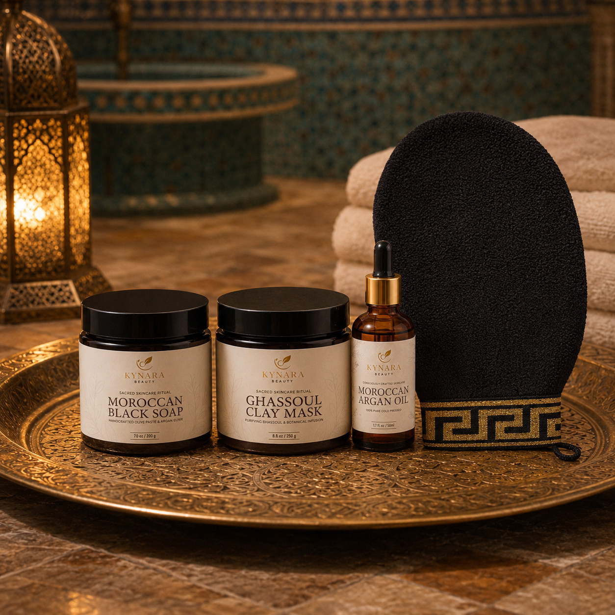 Moroccan Hammam Spa Gift Set Black Soap Argan Oil Rhassoul Clay Kessa Mitt