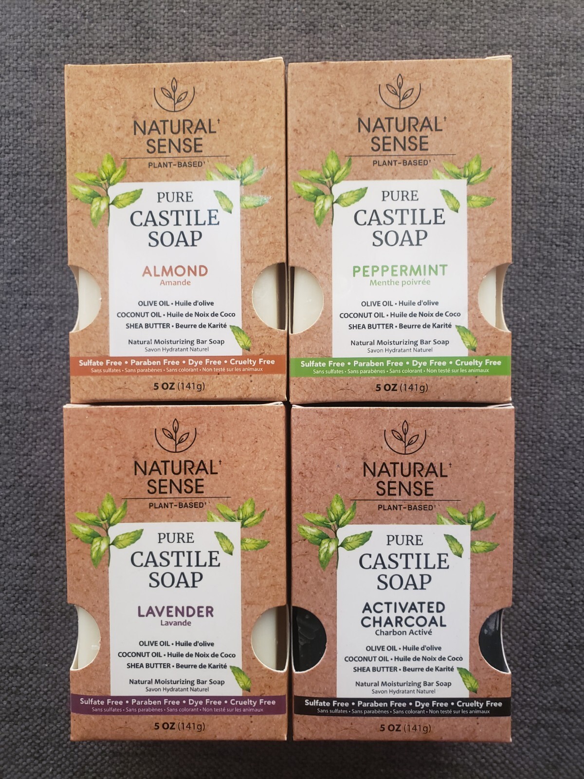 4 Natural Sense Plant-Based Castile Bar Soap Lavender/Peppermint/Almond/Charcoal