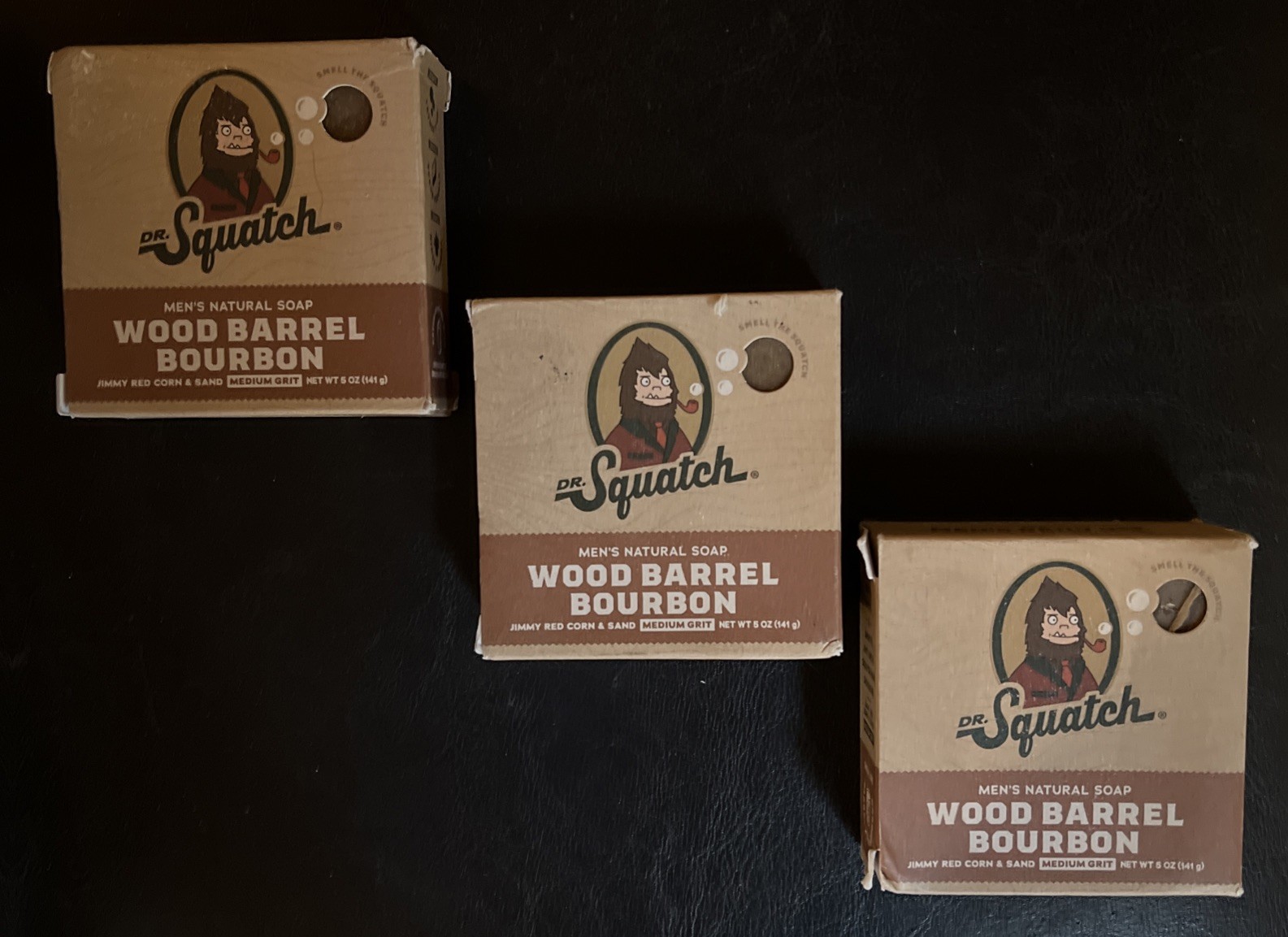 Lot of 3 DR. SQUATCH MEN’S NATURAL SOAP BAR 5oz Each Wood Barrel Bourbon Scent